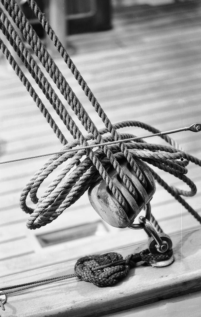 Detailed black and white image of marine ropes and pulleys on a wooden pier.
