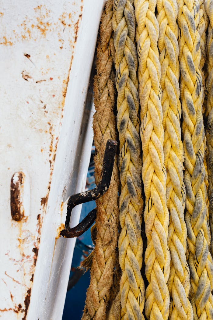 Close-up of yellow braided ropes on a rusty hook against a white dock surface.